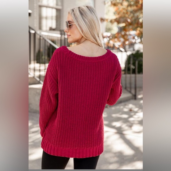 Burgundy Chenille Oversized Boat Neck Sweater Small - Picture 3 of 6